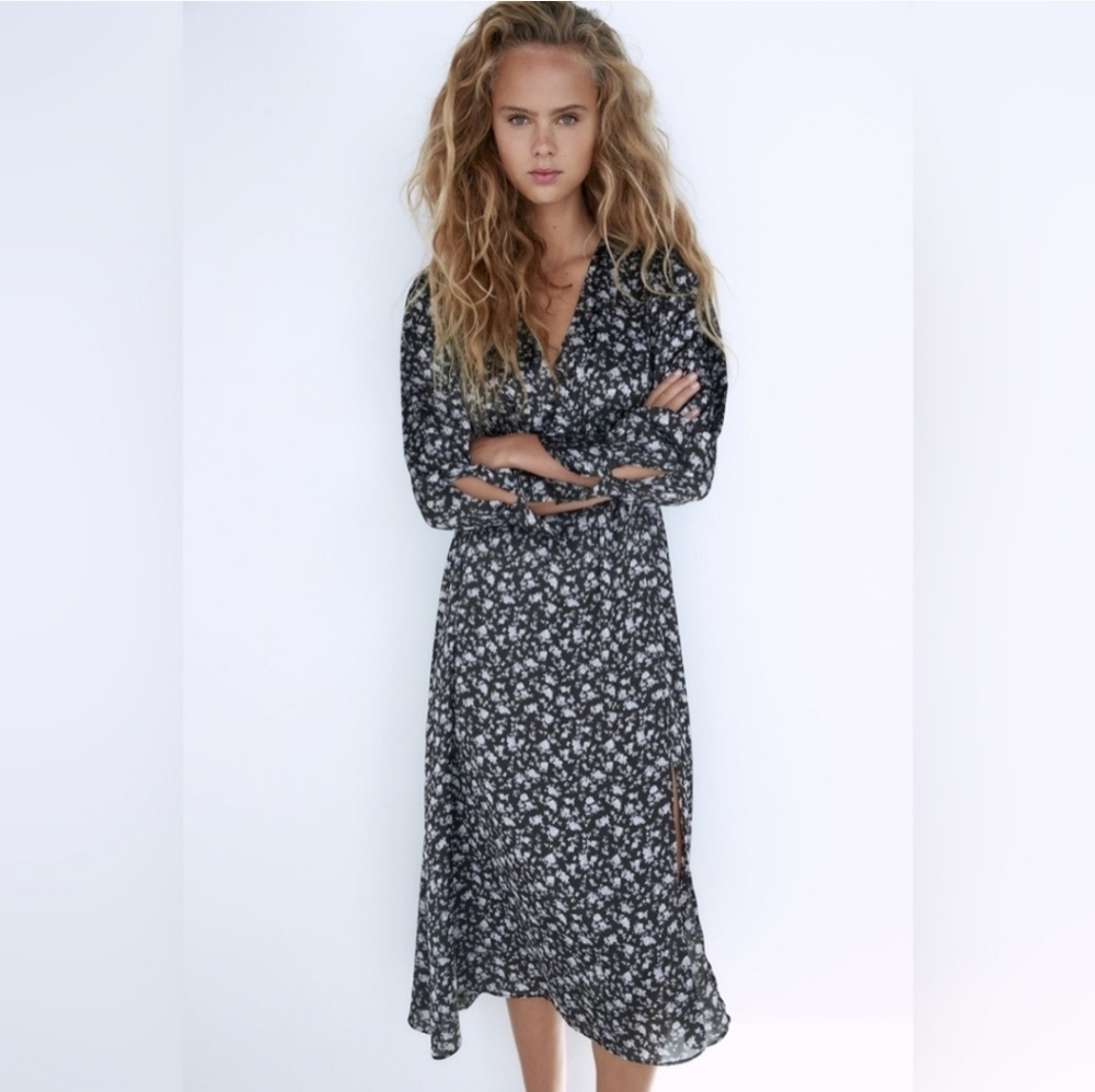 Zara Silky Dark Blue & Gray Satin Maxi Dress. Sz Small